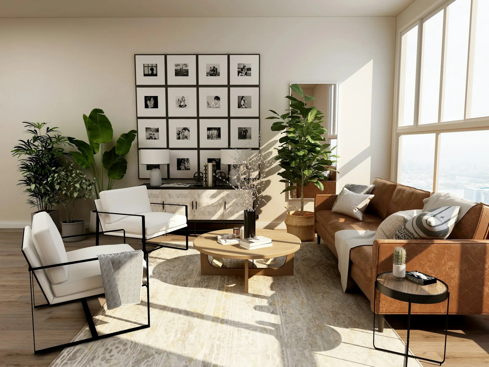 A sunlit living room with plants, framed pictures and upholstered seating
